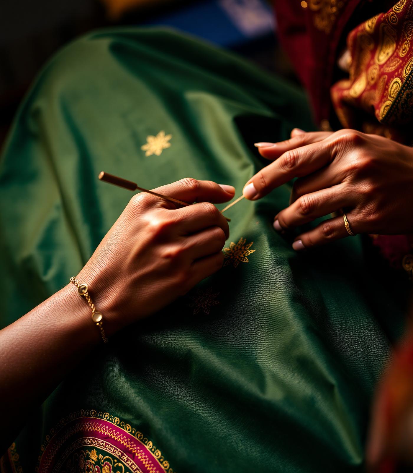Skilled Indian artisan hand embroidering gold thread